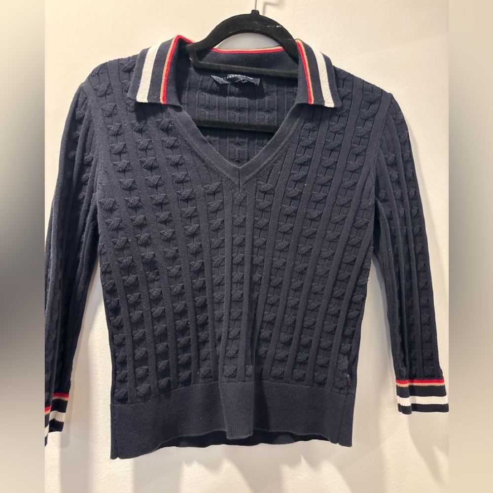 Tommy Hilfiger Navy V-Neck Sweater with Red and White Trim
